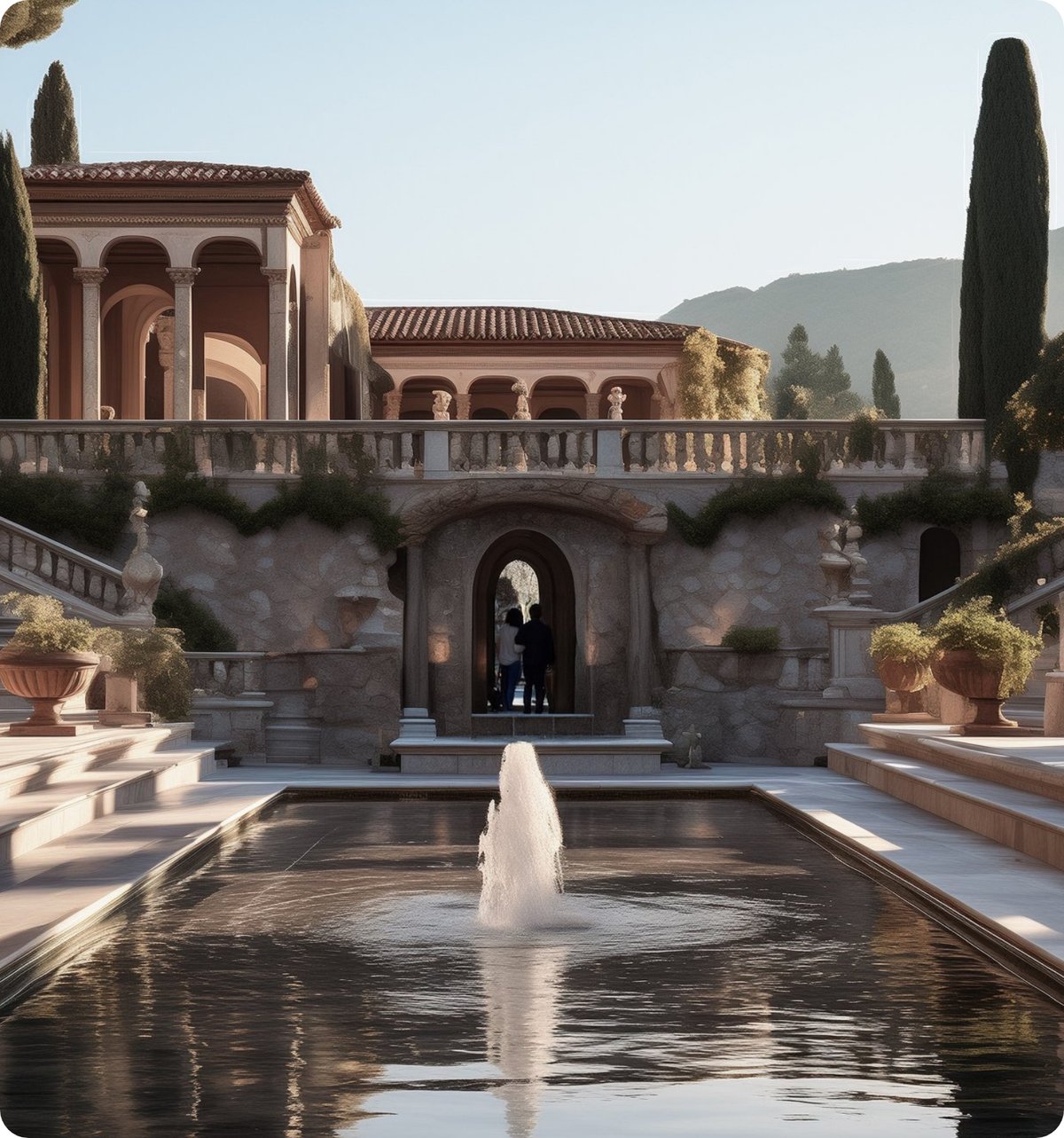 Weitläufige Außenanlage mit traditioneller italienischer Architektur.