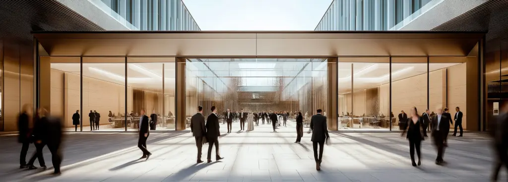 Moderne Architektur mit Glasfassade und Menschen, die sich im Freien bewegen.
