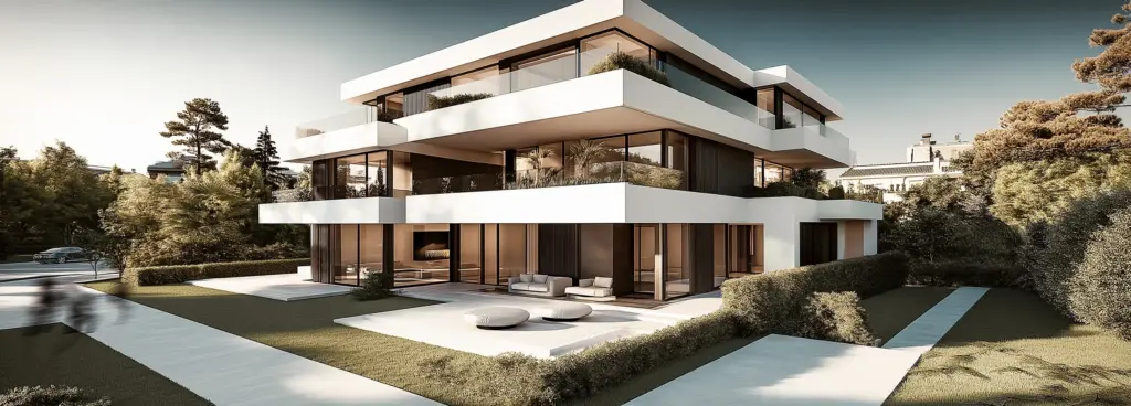 Moderne Architektur eines mehrstöckigen Wohnhauses mit großen Fenstern und Terrassen.