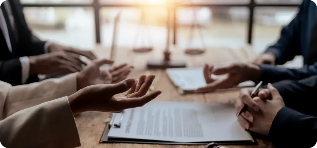 Hände von mehreren Personen während einer Besprechung am Tisch mit Dokumenten und einer Waage im Hintergrund.