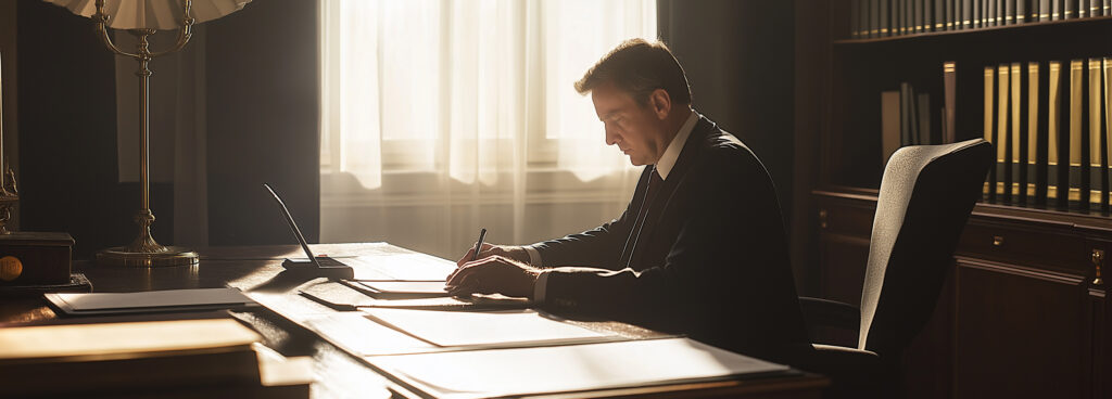 Mann in einem Anzug, der an einem Schreibtisch sitzt und Dokumente durchgeht.