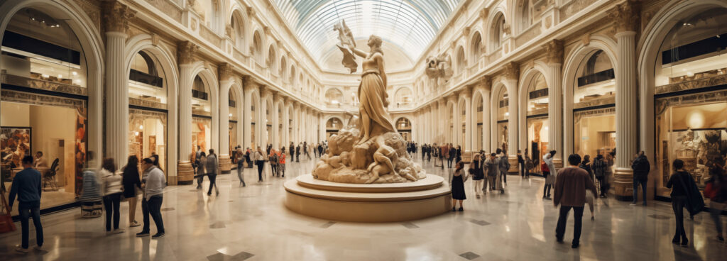 Eine große Skulptur im Zentrum eines weitläufigen Innenraums mit hohen Decken und Säulen.