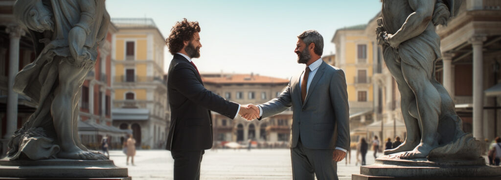 Zwei Männer in Anzügen schütteln sich die Hände vor einer architektonischen Kulisse.
