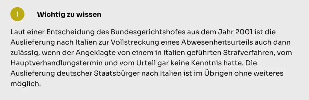 Textinformation über die Auslieferung nach Italien gemäß einer Entscheidung des Bundesgerichtshofs.
